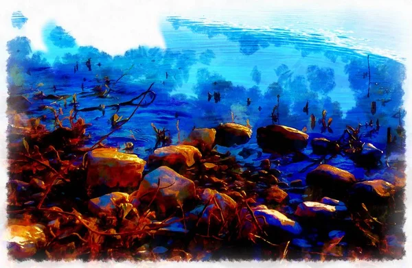 테두리의 강 바위 및 컴퓨터 페인팅 효과 — 스톡 사진