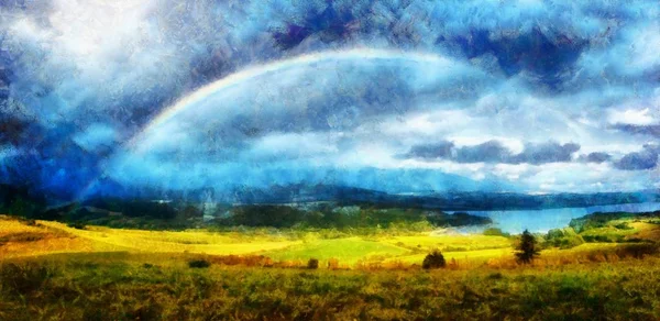 Schöne Landschaft, grüne und gelbe Wiese und See mit Berg im Hintergrund mit einem Regenbogen am Himmel und Computermaleffekt. — Stockfoto