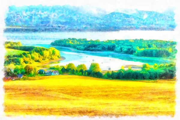 Hermoso paisaje, pradera amarilla y efecto de pintura por computadora . —  Fotos de Stock