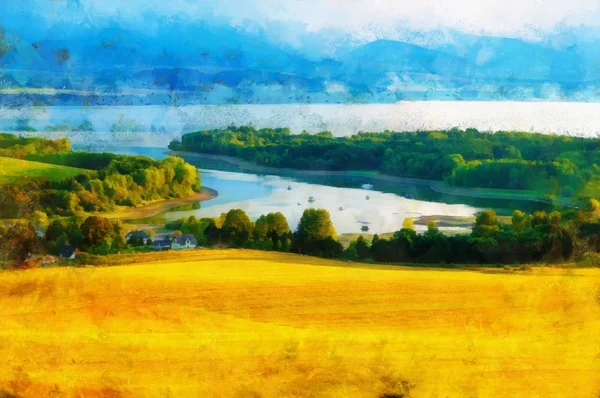 Mooi landschap, gele weide en computer schilderij effect. — Stockfoto