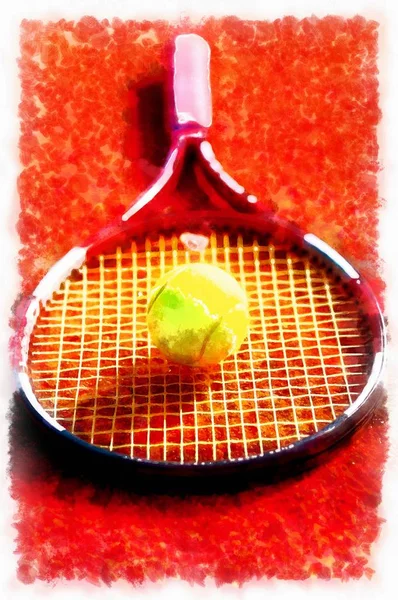 테니스 라켓과 공, 안타카 배경 과 컴퓨터 페인팅 효과와 테니스 코트. — 스톡 사진