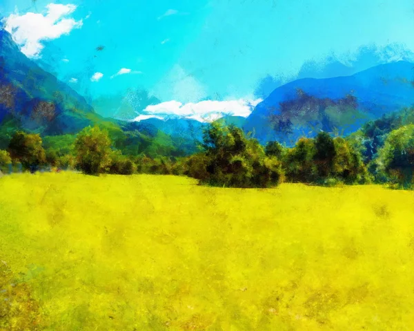 Paisagem bonita, prado amarelo e efeito de pintura de computador . — Fotografia de Stock