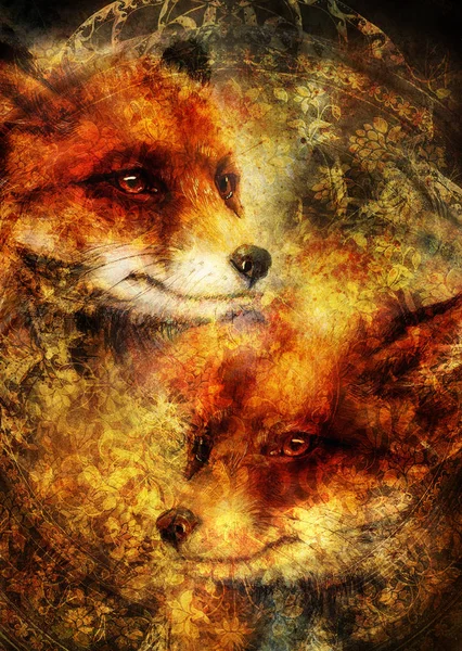 Pintura de zorro rojo salvaje. Fondo ornamental. —  Fotos de Stock