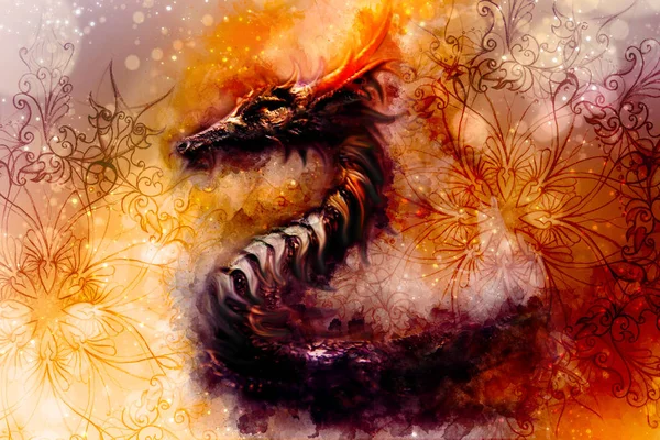 Древний дракон и орнамент и мягко размытый акварельный фон. — стоковое фото