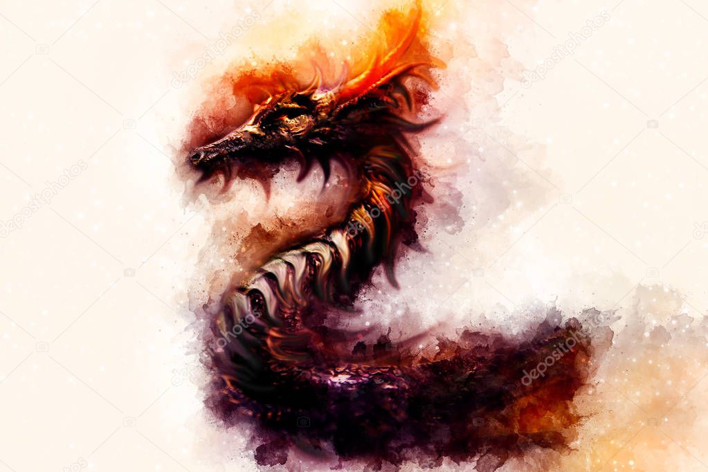 ancient dragon and Softly blurred watercolor background.