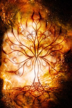 Yapılandırılmış ve uzay arka planında yaşam sembolü ağacı, yaşam deseni çiçeği, yggdrasil.