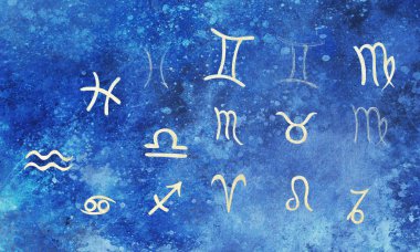 El çizilmiş burç astroloji sembolleri, mavi arka plan.