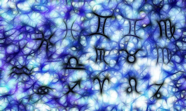 Simboli astrologici disegnati a mano, effetto frattale . — Foto Stock