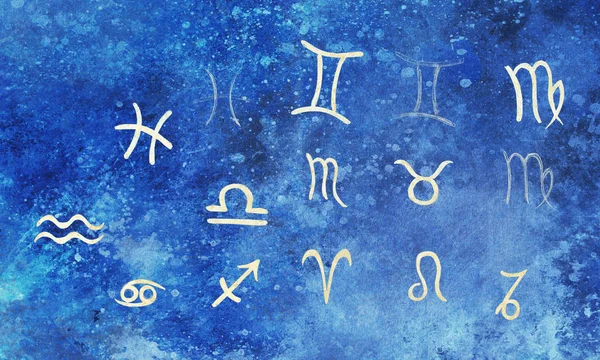 Hand getekende Horoscoop Astrologie symbolen, blauwe achtergrond. — Stockfoto