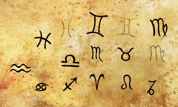 Simboli astrologici disegnati a mano, colore seppia . — Foto Stock