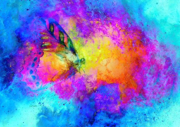 Fliegender Schmetterling im kosmischen Raum. Malerei mit grafischer Gestaltung. — Stockfoto