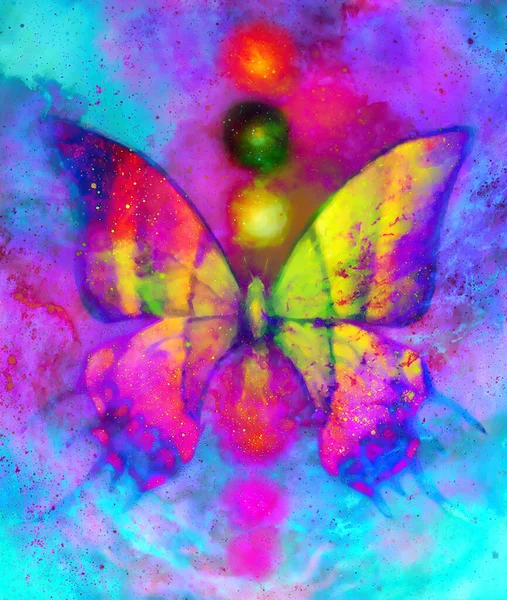 Butterfly with light energetic chakras in cosmic space. Painting and graphic design. — Stock Photo, Image