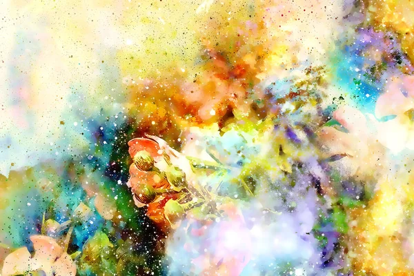 Espace cosmique avec fleurs, fond de galaxie de couleur, collage informatique. — Photo