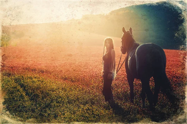아름다운 소녀가 말을 타고 밖에 나와 있습니다. 오래 된 사진 효과. — 스톡 사진