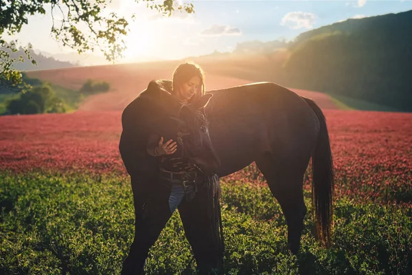 Mulher de retrato e cavalo ao ar livre. Mulher abraçando um cavalo. — Fotografia de Stock