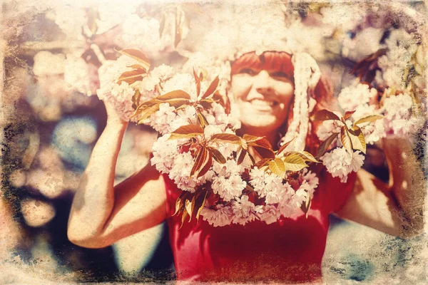 Beautiful shamanic woman with headband in the nature. Old photo effect. — Stock Photo, Image