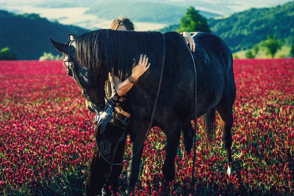 Portrait femme et cheval à l'extérieur. Femme étreignant un cheval. — Photo