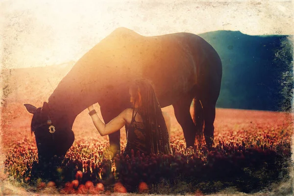 Retrato mulher e cavalo ao ar livre. Uma mulher a abraçar um cavalo. Efeito de foto antiga . — Fotografia de Stock