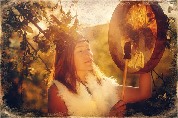 Beautiful Shamanic Girl Playing Shaman Frame Drum Nature Old Photo — Stock Photo, Image