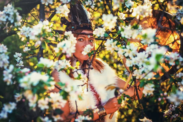 Beautiful Shamanic Girl Playing Shaman Frame Drum Nature Light Graphic — Stock Photo, Image