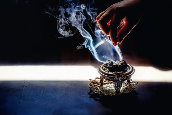 Incense Woman Hand Incense Smoke Black Background — Stock Photo, Image