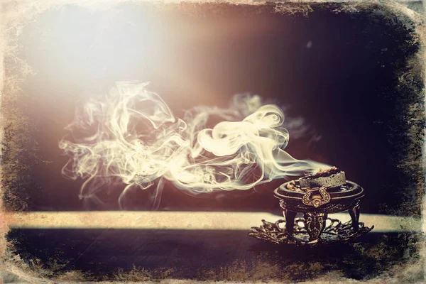 Incense Woman Hand Incense Smoke Black Background Old Photo Effect — Stock Photo, Image