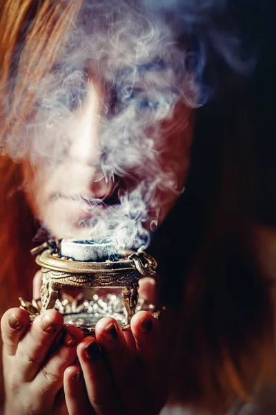 Incense Woman Hand Incense Smoke Black Background — Stock Photo, Image