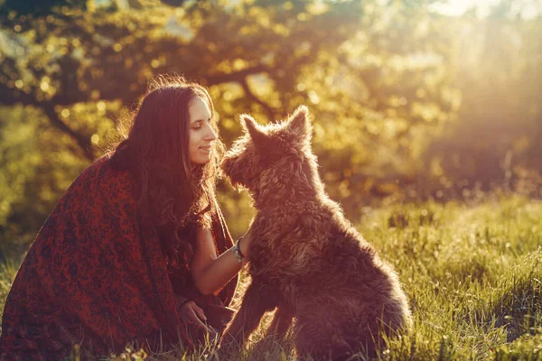 日没時に牧草地で犬と女性が. — ストック写真