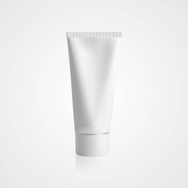 Beyaz fotogerçekçi parlak plastik tüp ilaç ya da kozmetik krem, Cilt Bakımı, traş jeli, diş macunu için. Gerçekçi ambalaj mockup şablonu. Yan görünümü. Vektör eps10.