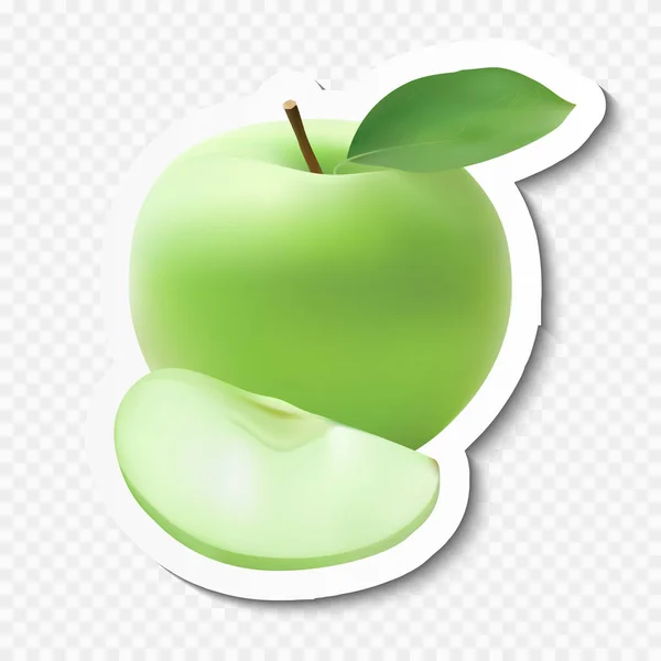 Manzana verde realista con rebanada y hoja. Manzana sobre papel con sombra. Símbolo vectorial eps10 — Vector de stock