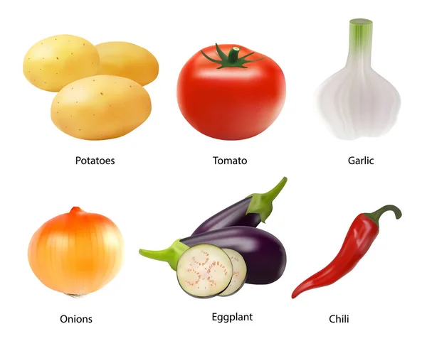 Sebze gerçekçi tarzda beyaz bir arka plan üzerinde renkli topluluğu. Domates, sarımsak, patates, soğan, patlıcan, biber. İşaret, sembol, simge, logo. Vektör eps10. — Stok Vektör