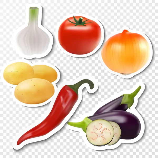 Coleção colorida de verduras em um contexto transparente no estilo realista. Tomate, alho, batatas, cebolas, berinjela, pimentas, no papel com sombra. Símbolo plano. Vetor eps10 — Vetor de Stock