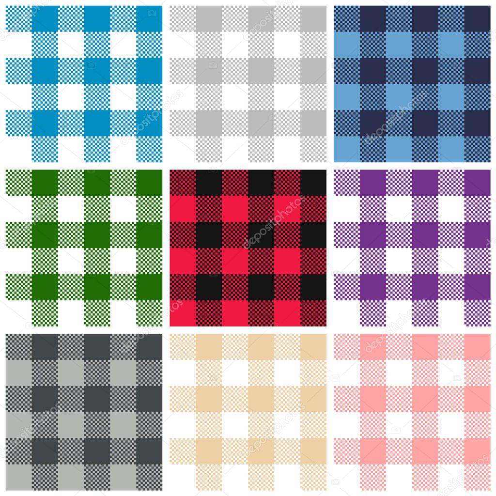 Seamless checkered backgrounds. Textile texture set. Popular basic colors such as: blue, gray, cream, red, black, green. Vector eps10