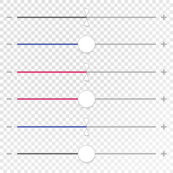 Control deslizante, elementos de interfaz de ajuste. Faders horizontales para diseños de IU, potenciómetros horizontales para pantallas táctiles. Material de diseño de color. Vector eps10 — Vector de stock