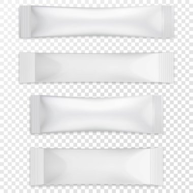 Şeker stick paketleme gerçekçi beyaz boş şablon kümesi. Gıda ambalaj kahve, tuz, şeker, biber, baharatlar. Sahte kadar tasarım şablonu. Vektör eps10.