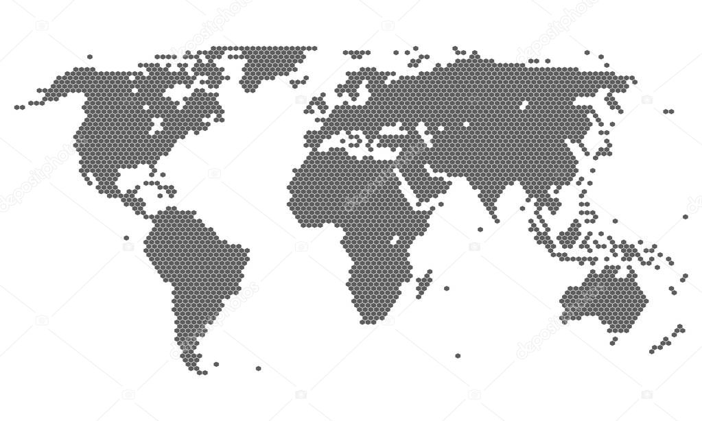 Hexagon dotted world map. Abstract dot world map. Pixel gray map isolated on white background. Vector eps10.