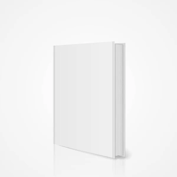 Modelo de capa de livro vertical em branco com páginas no lado da frente em pé na superfície branca com reflexão de sombra e espelho. Vista prospectiva. Vetor eps10 — Vetor de Stock