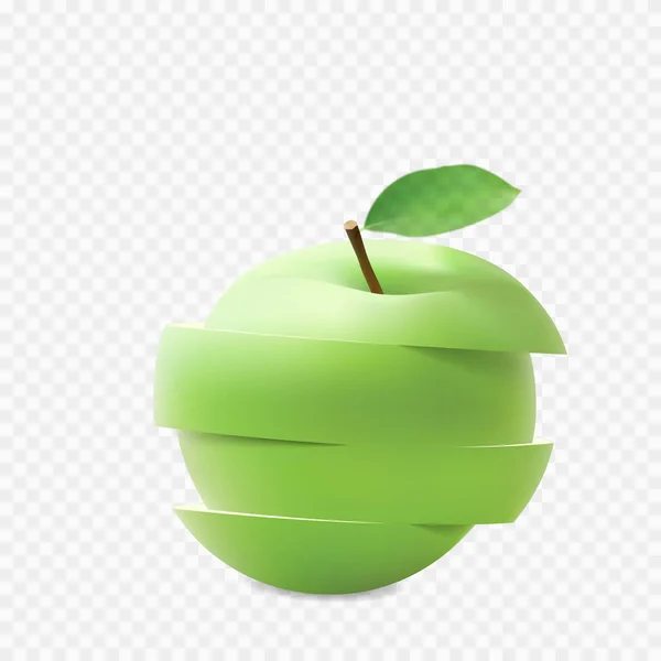 Ilustración vectorial realista de manzana verde. Objetos coloridos sobre un fondo transparente. Cortar la manzana con rodajas horizontalmente . — Vector de stock