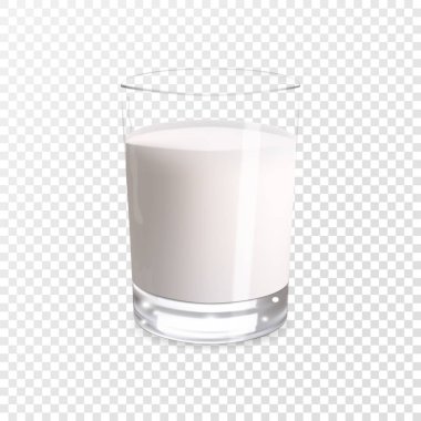Bir bardak sütte gerçekçi. Protein zengin süt ürünleri. Şeffaf Foto gerçekçi vektör çizim.