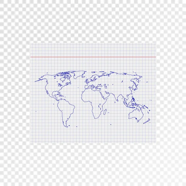 Mapa do mundo pintado em um pedaço de caderno escolar. Limites nacionais desenhados com caneta azul — Vetor de Stock