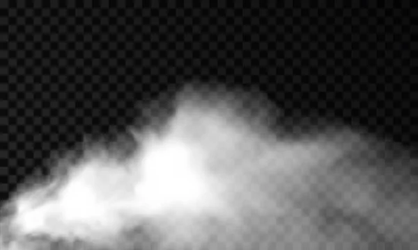 Bílá mlha izolované na tmavé průhledné pozadí. Parní zvláštní efekt. Realistická vektorová vape nebo mlhy. — Stockový vektor