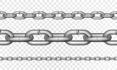 Metal çelik Dikişsiz zincir bağlantıların. Farklı uzunlukta öğeleri. Saydam arka plan üzerinde izole. Vektör çizim.