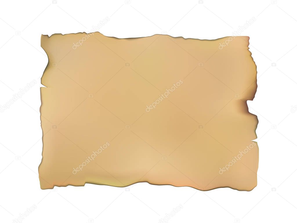 Ancient vector blank aged worn paper with yellowed coloring and ragged torn edges on a white background for your design message or text.