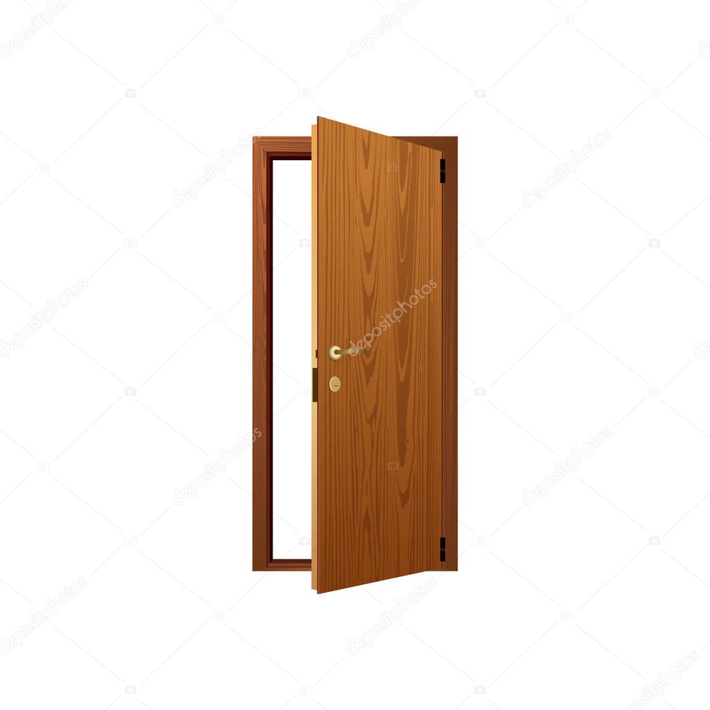 Vector realistic opened brown wooden door icon closeup isolated on white background. Elements of architecture. Design template for graphics, perspective view