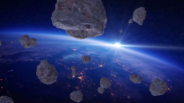 Planeet en asteroïden. Asteroïden vliegen in de ruimte rond de aarde. Meteoren in de ruimte. De scène van de ruimte. Deep space. — Stockvideo