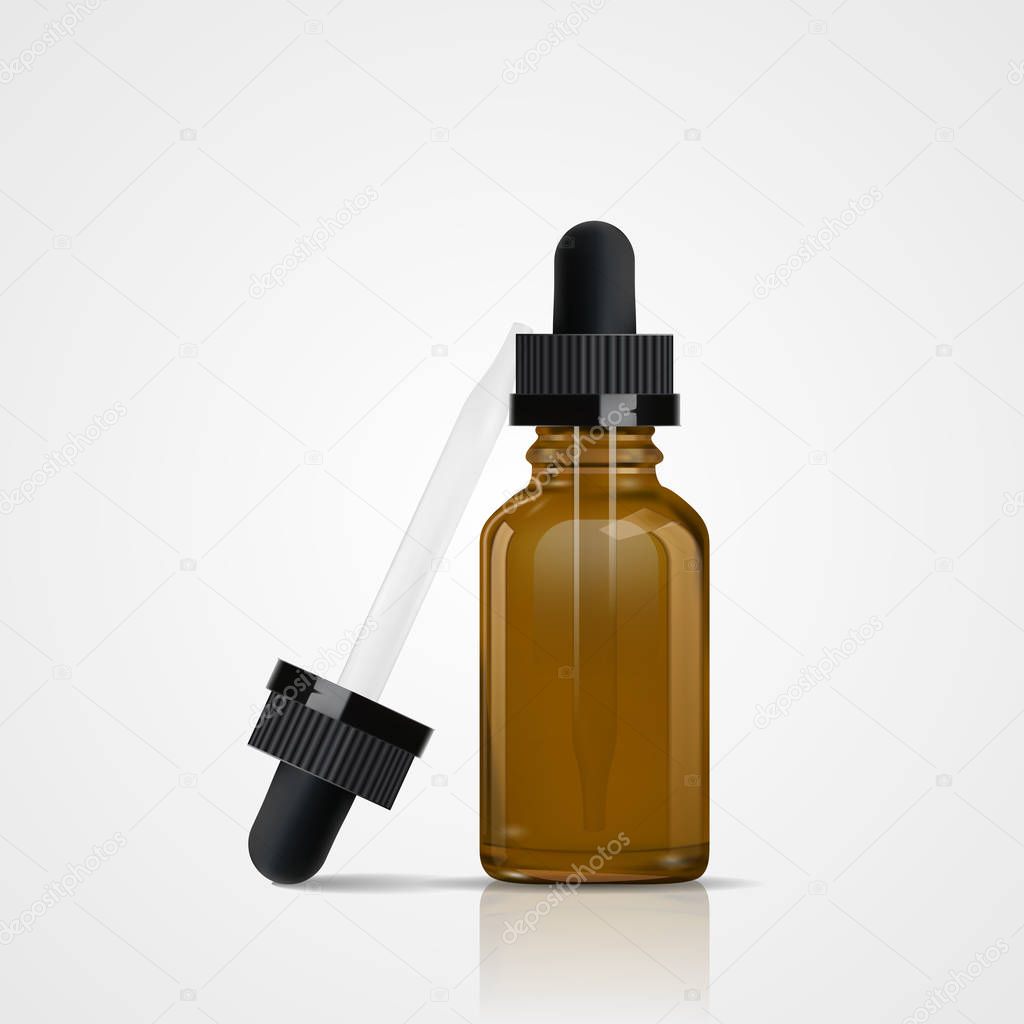 Glass bottle with a pipette, vector realistic drawing. Transparent empty vial with a pipette inside. Isolated on white background.