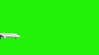 Yeşil bir arka plan Hromakey, yan görünüm üzerinde bir yolcu uçağı kalkış. 4k video animasyon render