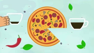 Eller pizza dilimleri, bir fincan çay alıyor. Pizza pişirmenin en iyi görünümü. 2d Animasyon. Düz malzeme tasarımı. Akşam yemeği, kahvaltı, öğle yemeği. Pizzacı, kafe, restoran için tanıtım videosu. 4k film klibi