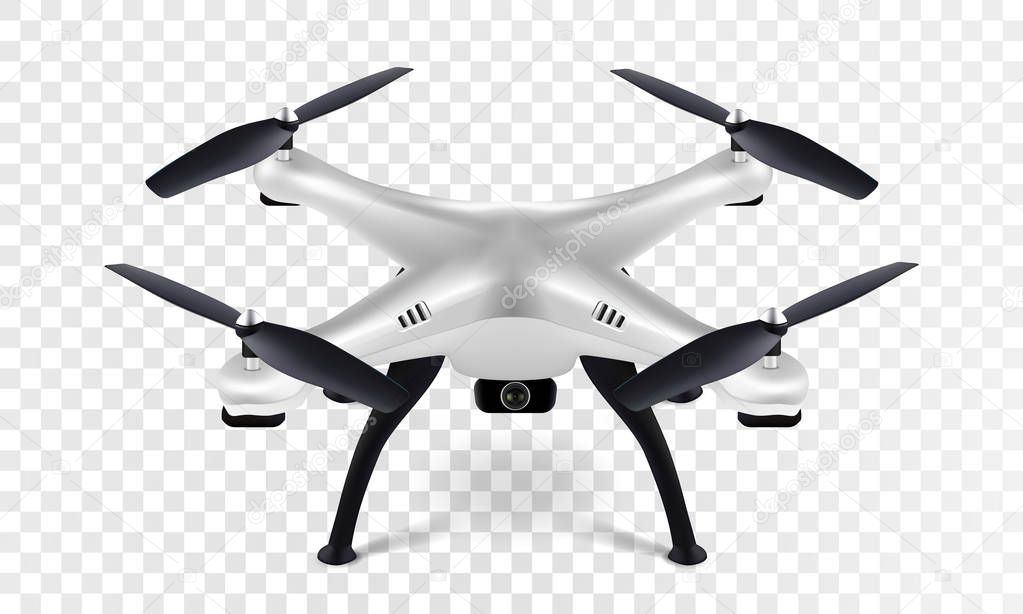 Realistic 3D white drone quadcopter quadrocopter on transparent background. Vector eps10