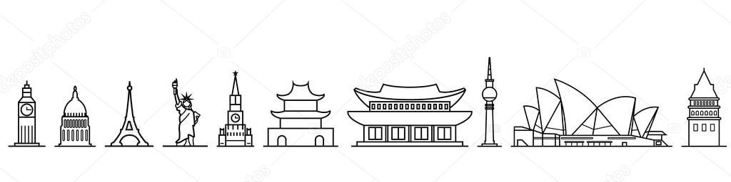 Set of vector outline icons of major cities capitals